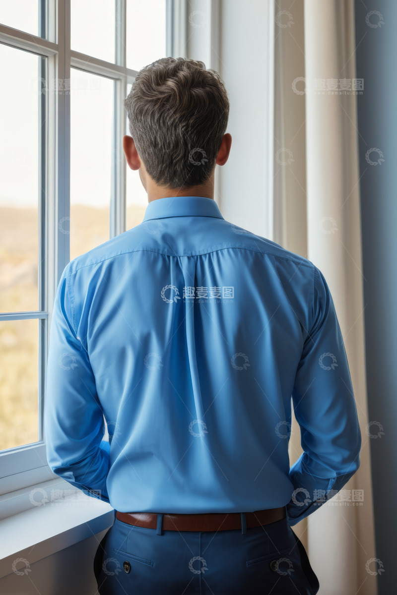 高清大图下载【趣麦麦图】男子身着蓝衬衫背对窗边而立