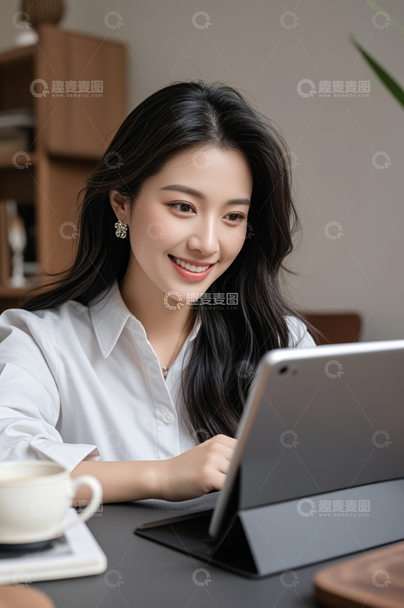 高清大图下载【趣麦麦图】亚洲女性专注使用平板电脑