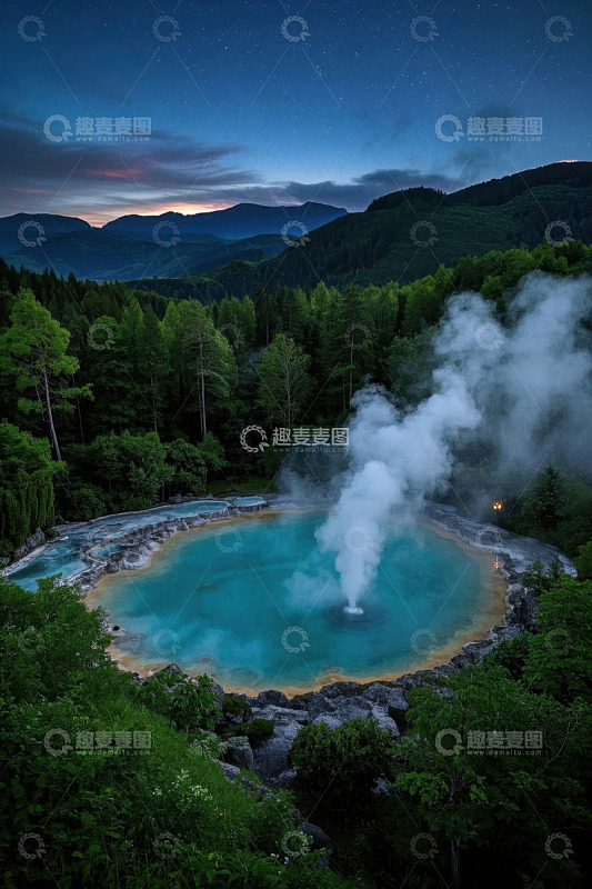 夜间山林中的蓝色间歇泉景观