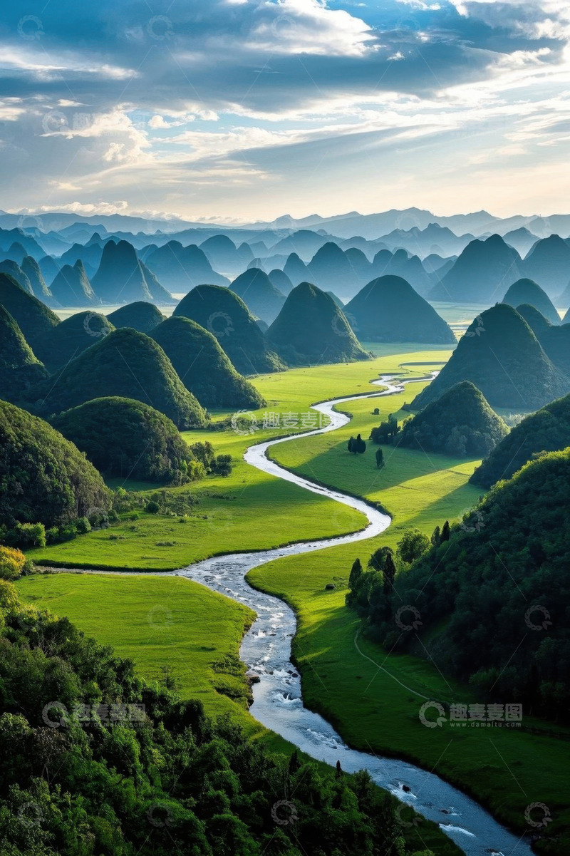 高清大图下载【趣麦麦图】山景河流自然风光全景