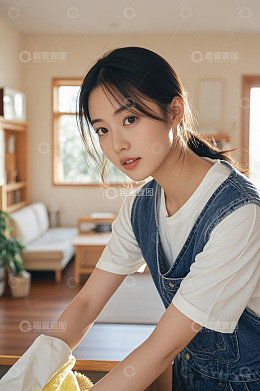 居家女性手持清洁工具清洁场景