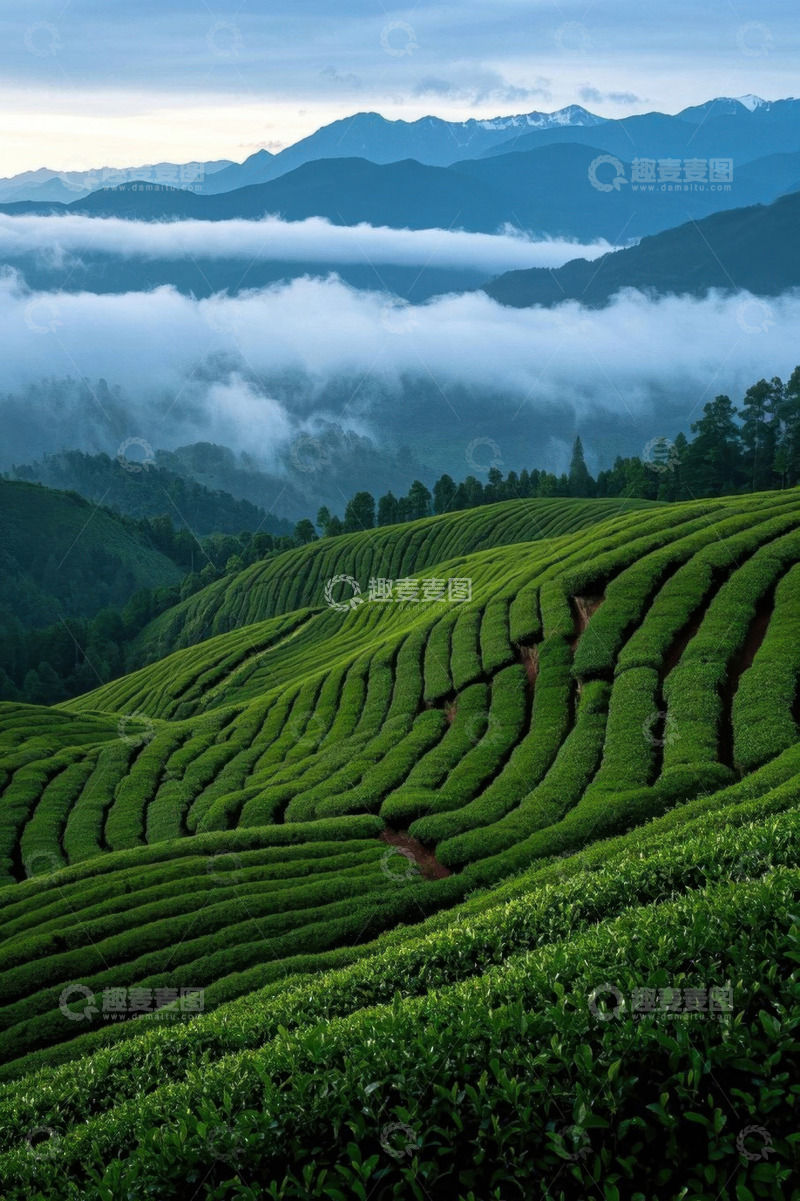 高清大图下载【趣麦麦图】云雾缭绕的茶山自然风光