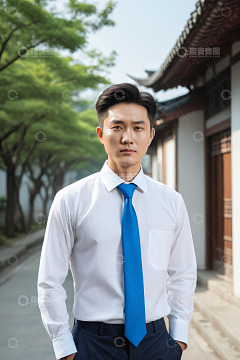 身着正装男子于中式建筑前留影