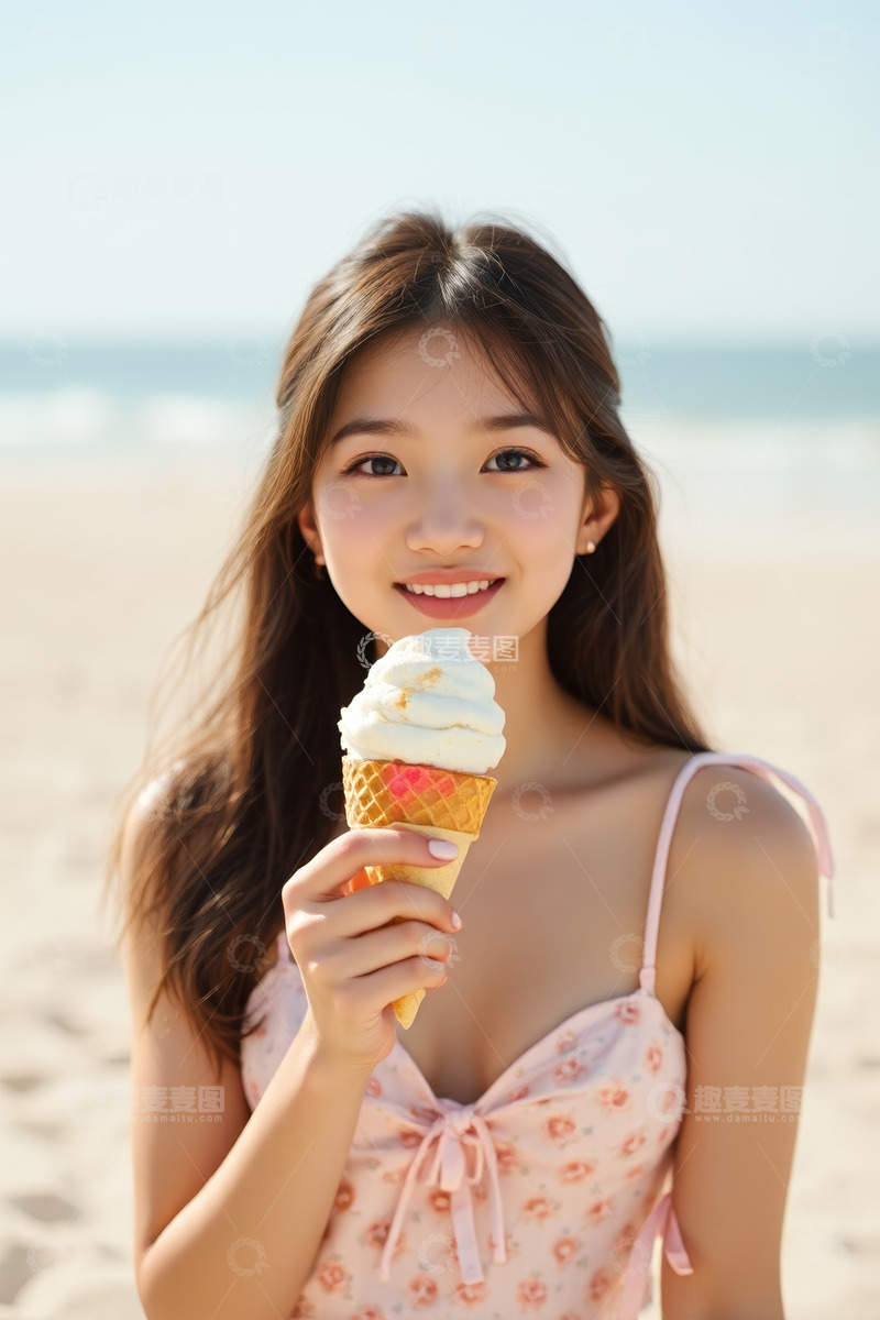 高清大图下载【趣麦麦图】亚洲女孩海滩手持冰淇淋