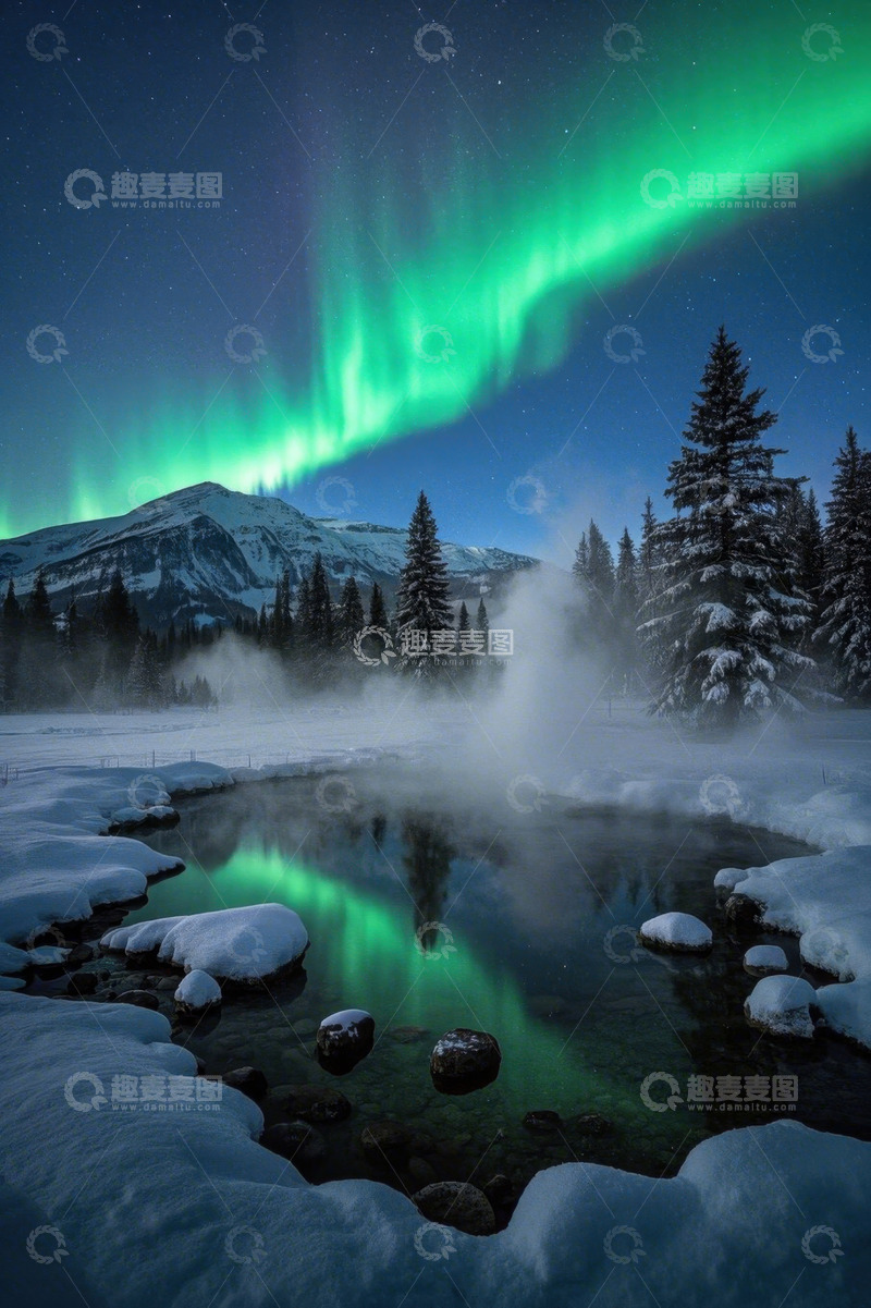 高清大图下载【趣麦麦图】雪山森林间的极光夜景