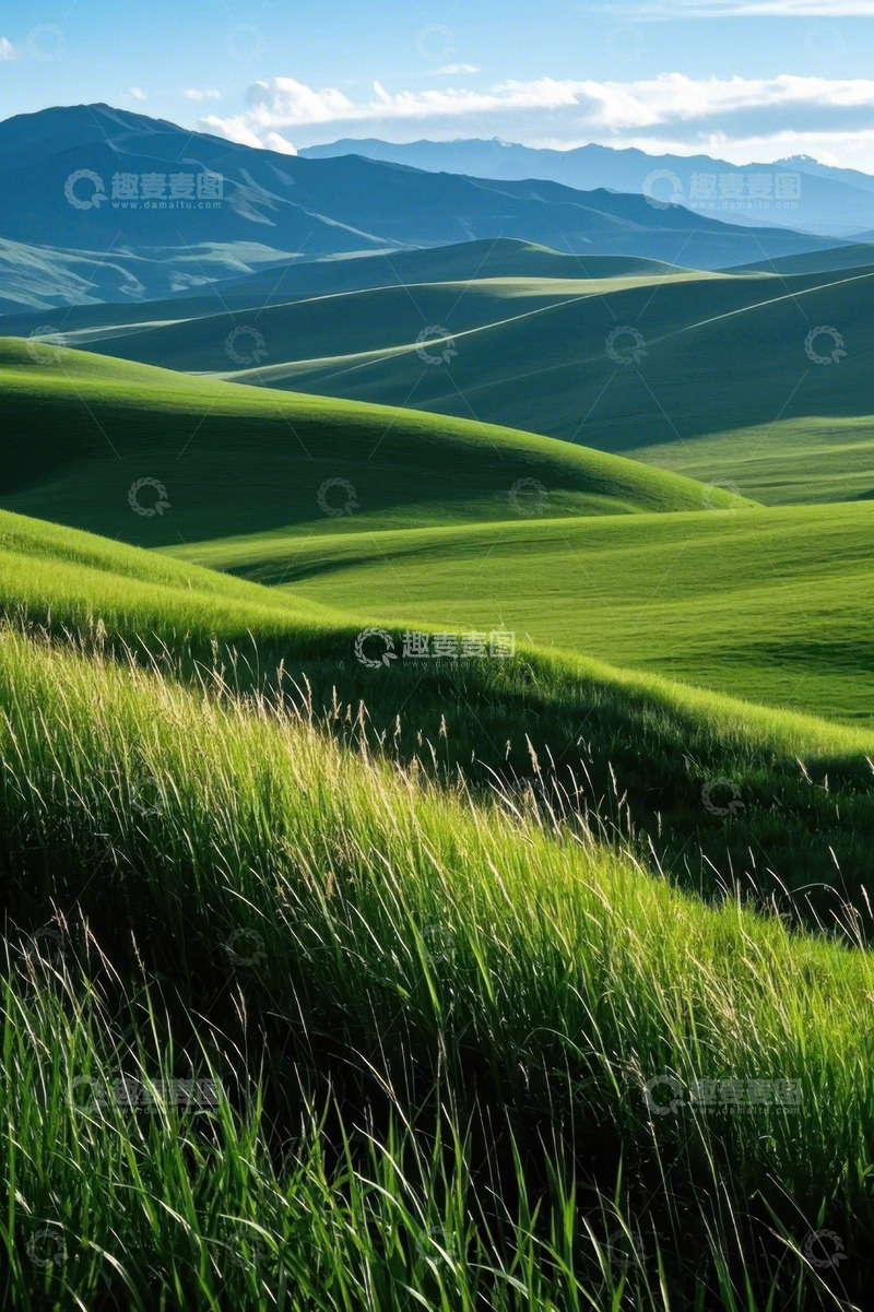 高清大图下载【趣麦麦图】广袤绿色草原与远山风景