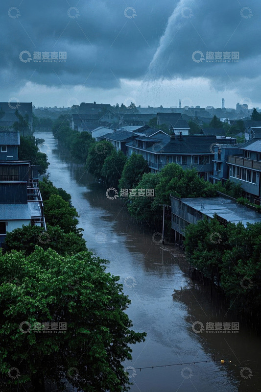 雨中河流旁的城镇景象