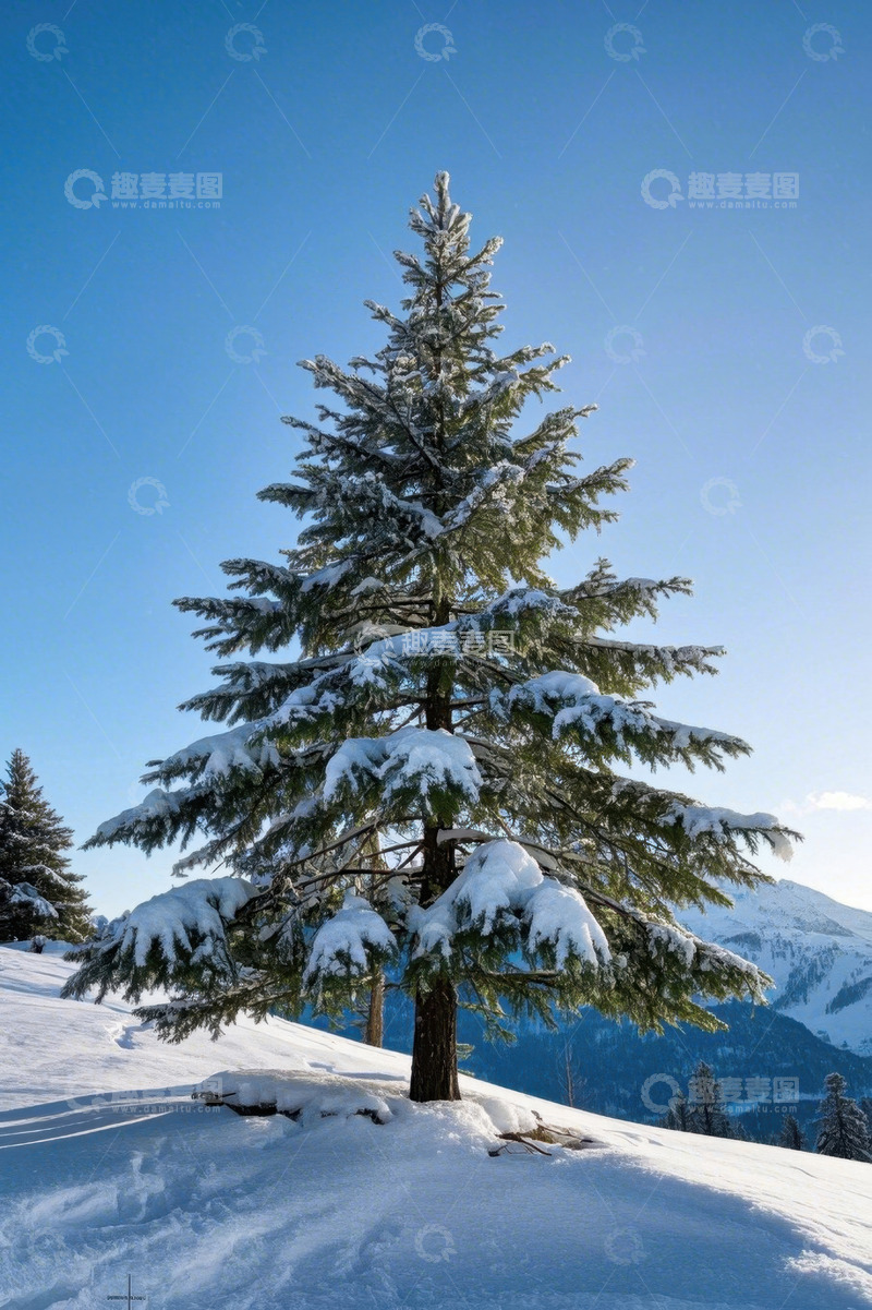 高清大图下载【趣麦麦图】雪覆松树的山地自然风光