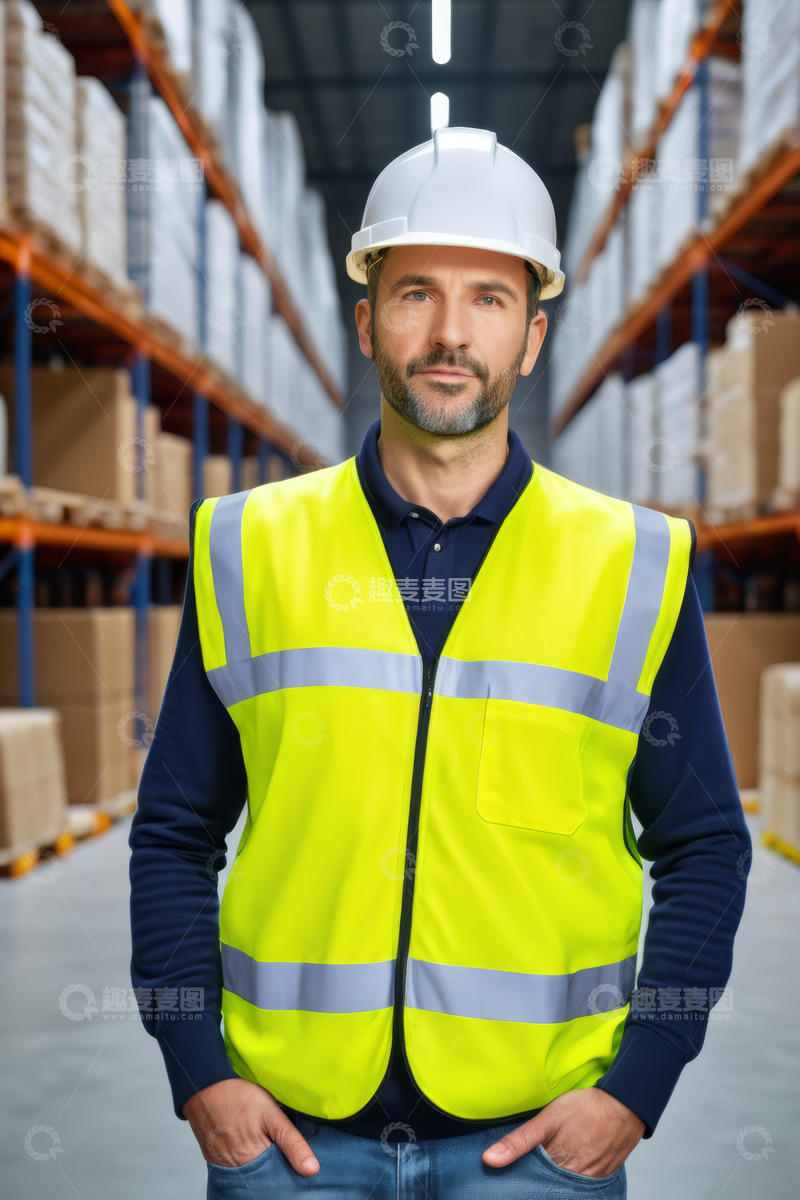 高清大图下载【趣麦麦图】仓库工人穿着反光背心和安全帽
