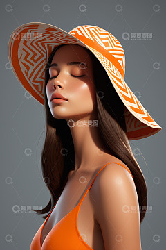 戴橙白花纹帽的女性肖像