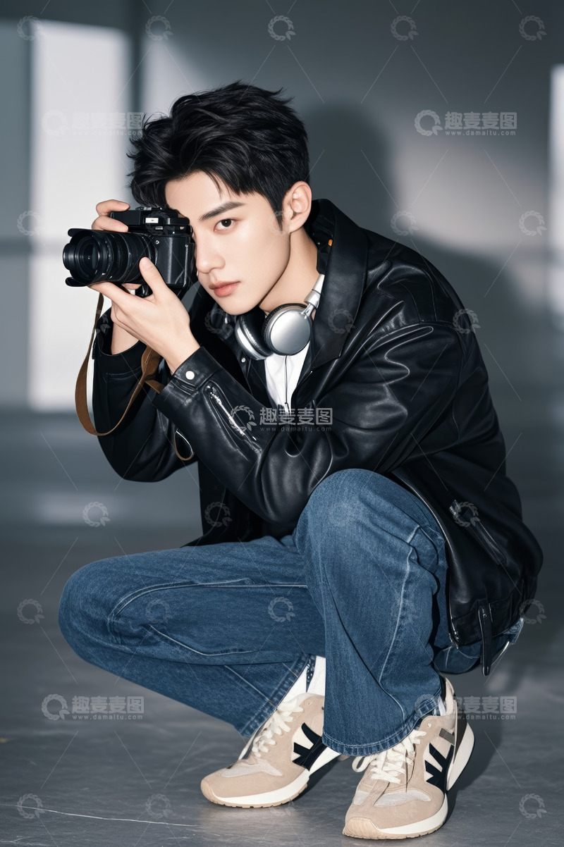 高清大图下载【趣麦麦图】年轻男子持相机蹲姿摄影