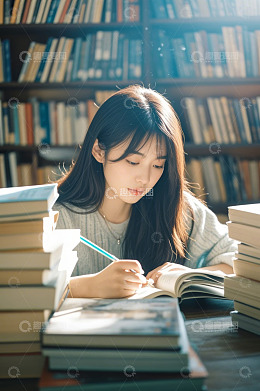 女生在图书馆专注学习
