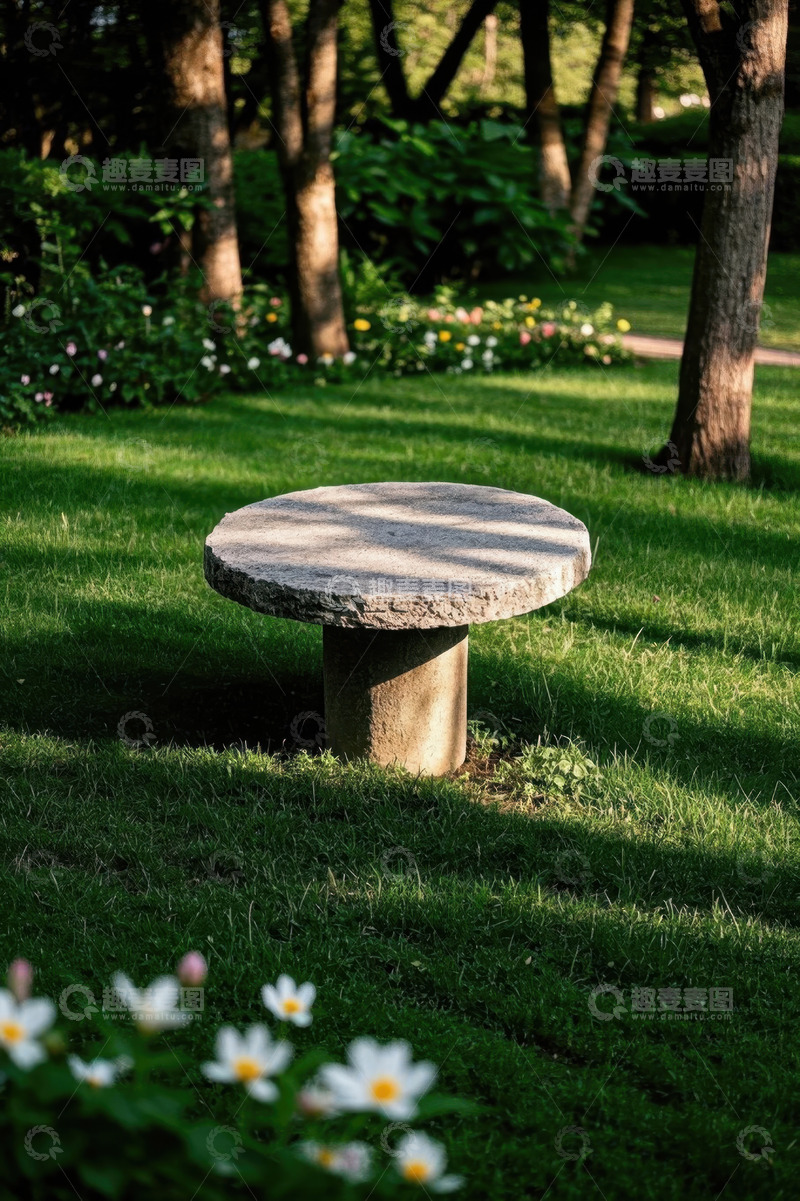 高清大图下载【趣麦麦图】公园草地中的石制圆桌