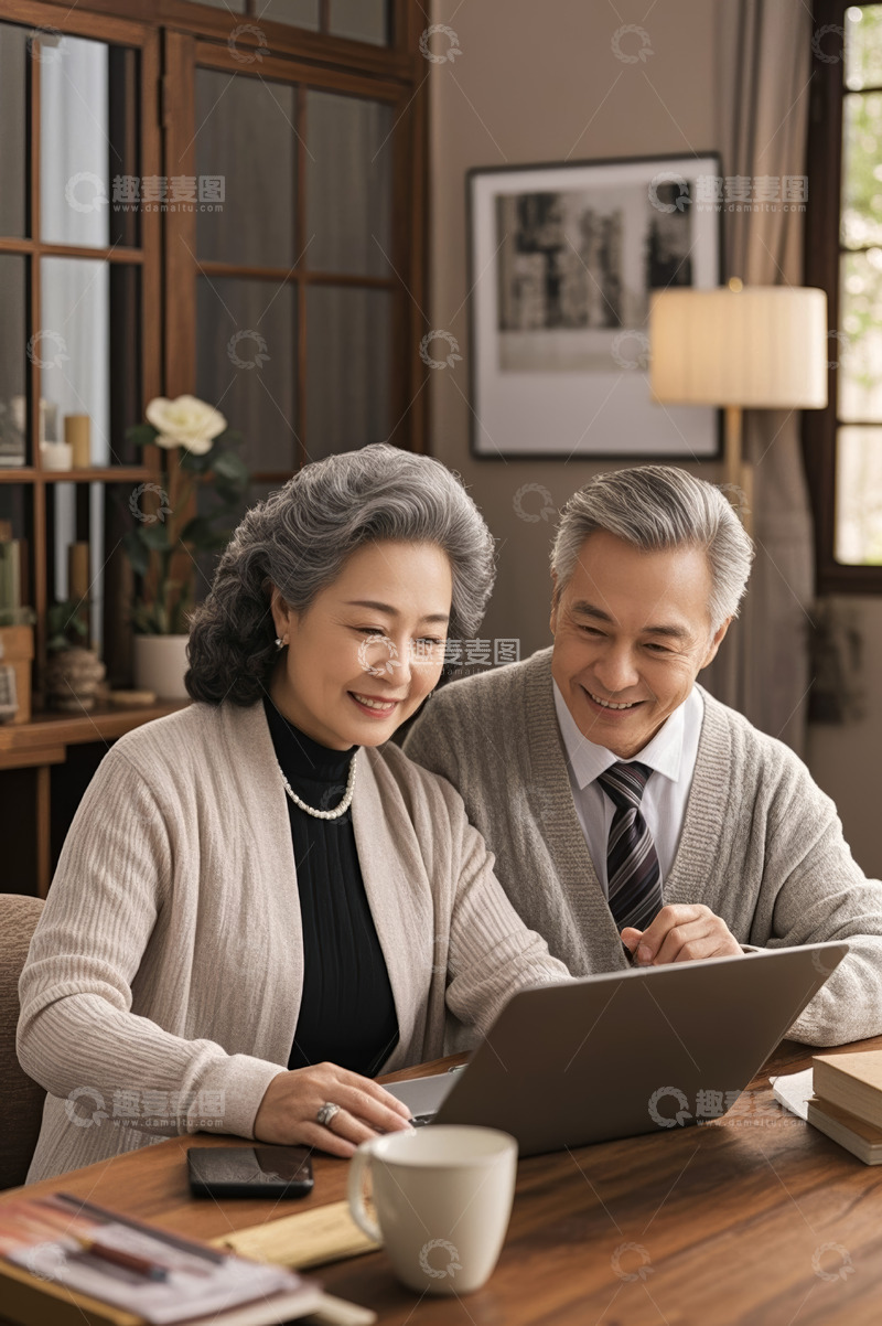 高清大图下载【趣麦麦图】老年夫妇使用笔记本电脑场景