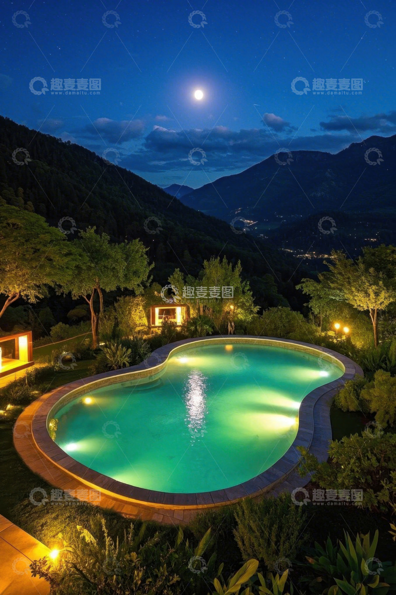 高清大图下载【趣麦麦图】山间户外泳池月夜景观