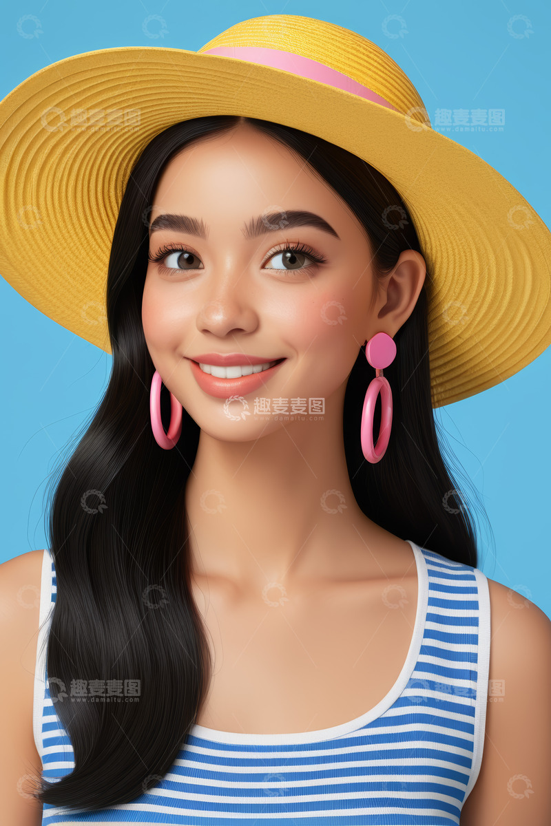 高清大图下载【趣麦麦图】戴草帽女士微笑特写