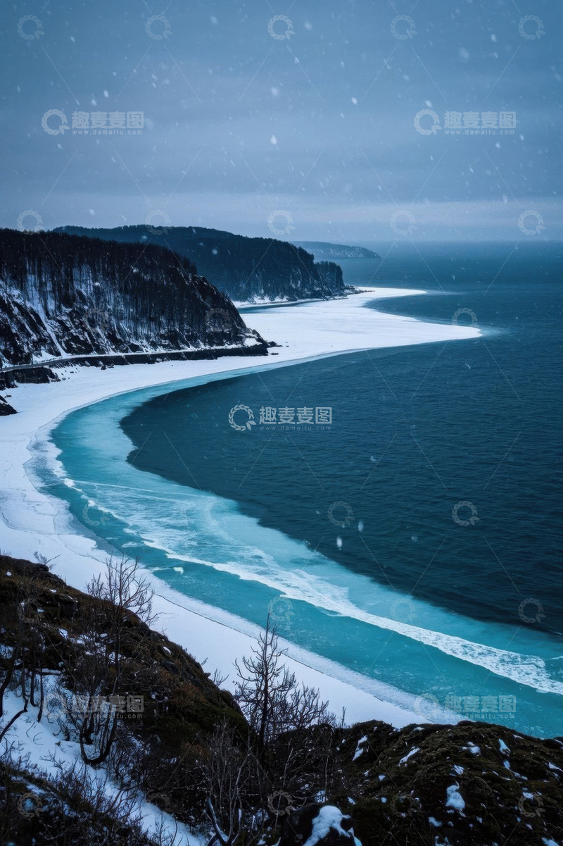 高清大图下载【趣麦麦图】雪景中的海边海岸线风光
