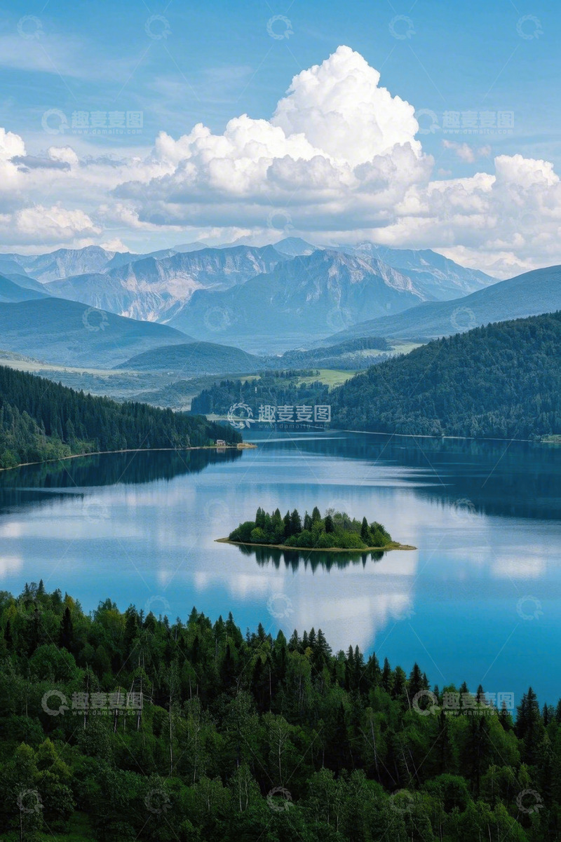 高清大图下载【趣麦麦图】山林间湖泊与湖心岛风景