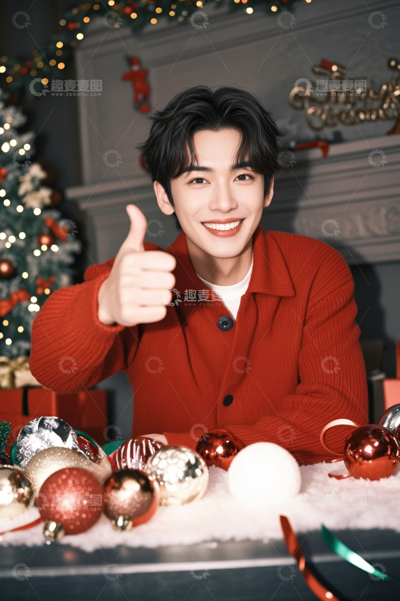 高清大图下载【趣麦麦图】红衣男子圣诞场景竖大拇指