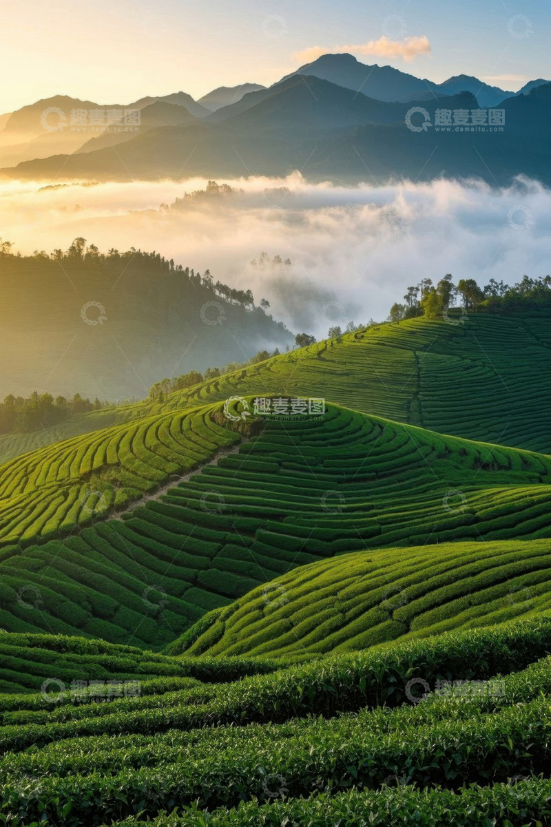 高清大图下载【趣麦麦图】山间晨曦下的绿色茶园风光