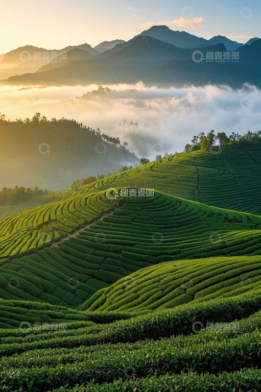 山间晨曦下的绿色茶园风光