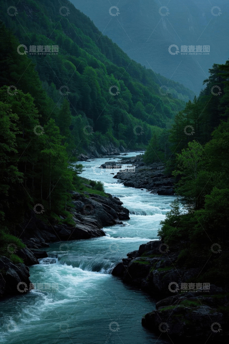 高清大图下载【趣麦麦图】山间河流与茂密森林景观