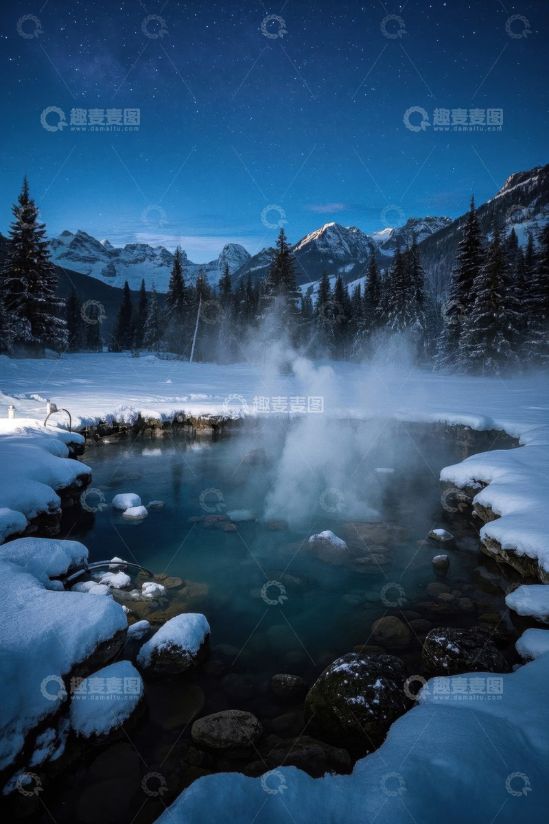 高清大图下载【趣麦麦图】雪山下森林旁的温泉夜景