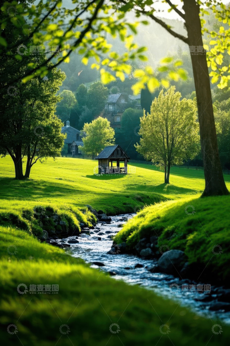 高清大图下载【趣麦麦图】林间草地小溪旁的木屋风景