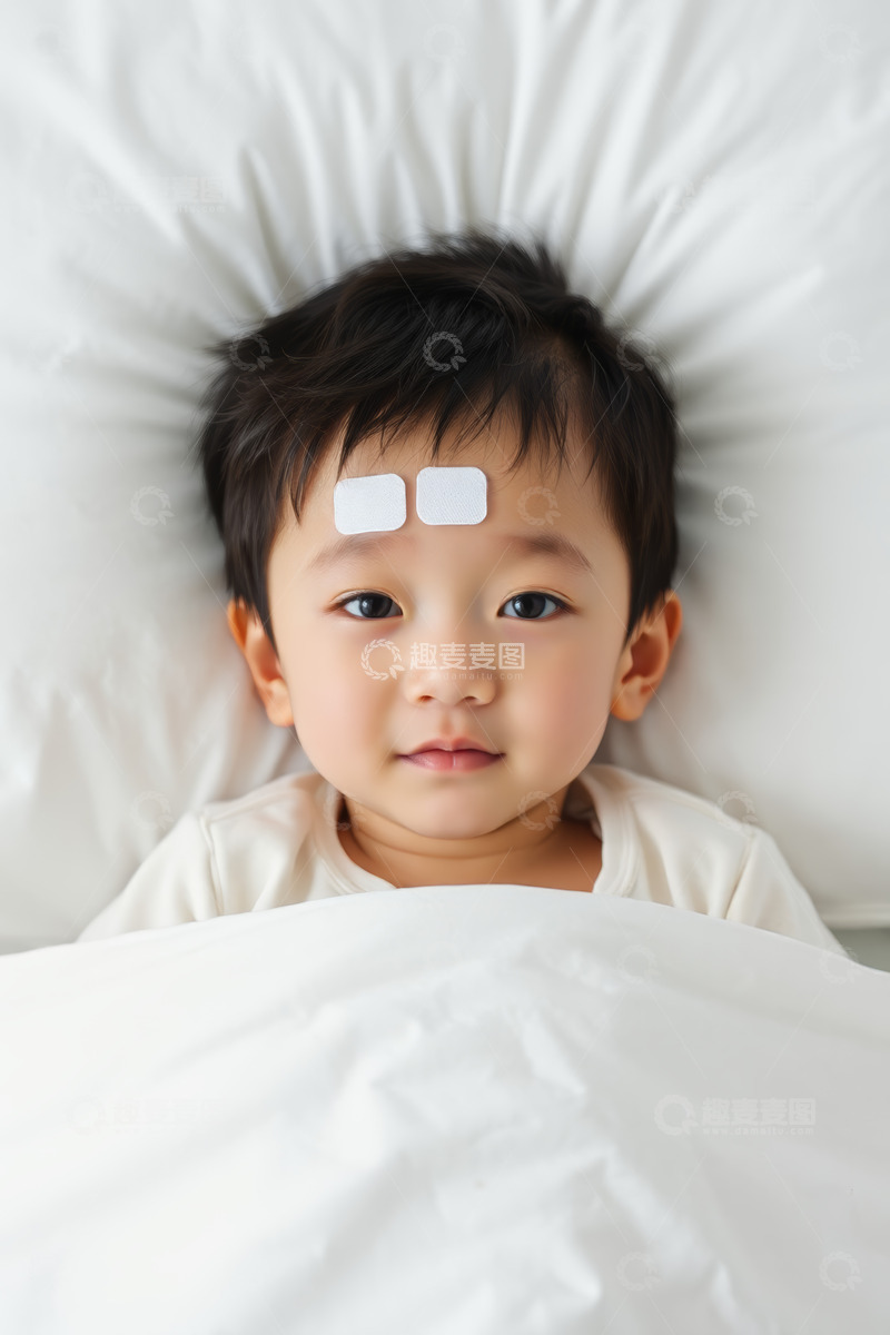 高清大图下载【趣麦麦图】躺在床上贴退热贴的儿童