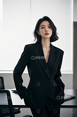 职业女性身着西装倚桌站立