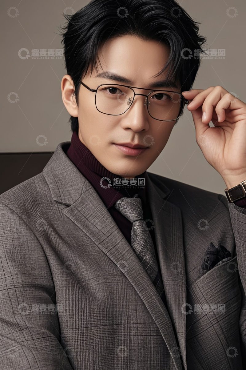 高清大图下载【趣麦麦图】西装男士调整眼镜姿态