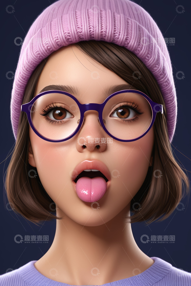 高清大图下载【趣麦麦图】戴帽女孩吐舌表情特写