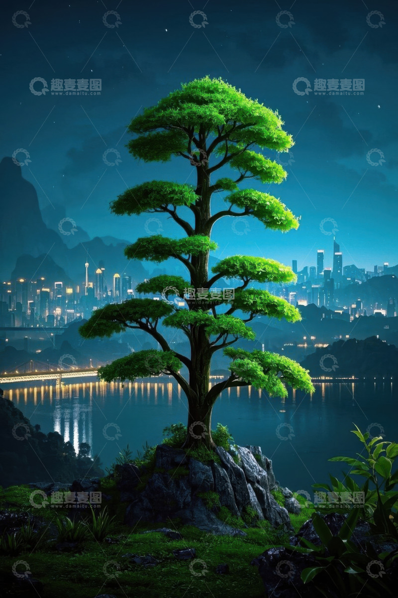 高清大图下载【趣麦麦图】夜畔孤树与城市景观