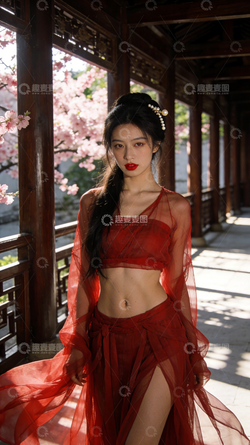 高清大图下载【趣麦麦图】古典红裙美人亭阁写真