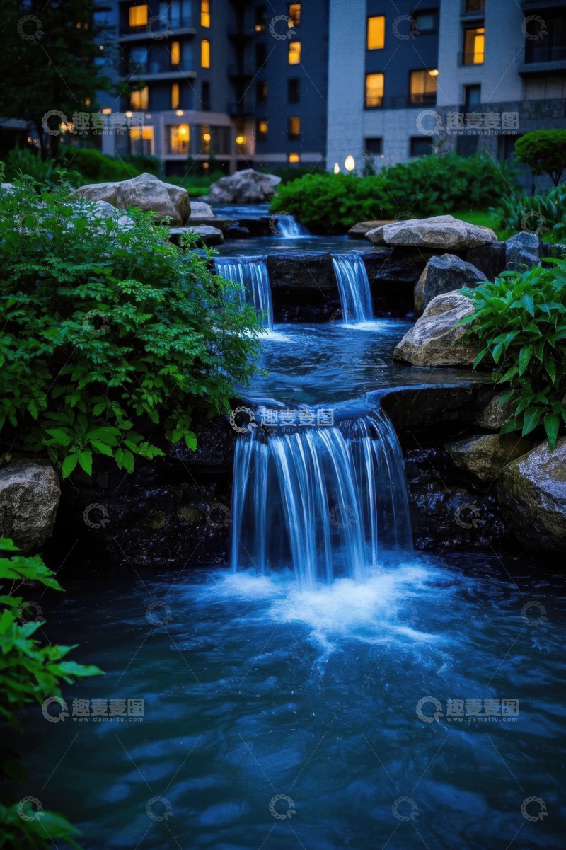 高清大图下载【趣麦麦图】小区内的人工瀑布流水景观