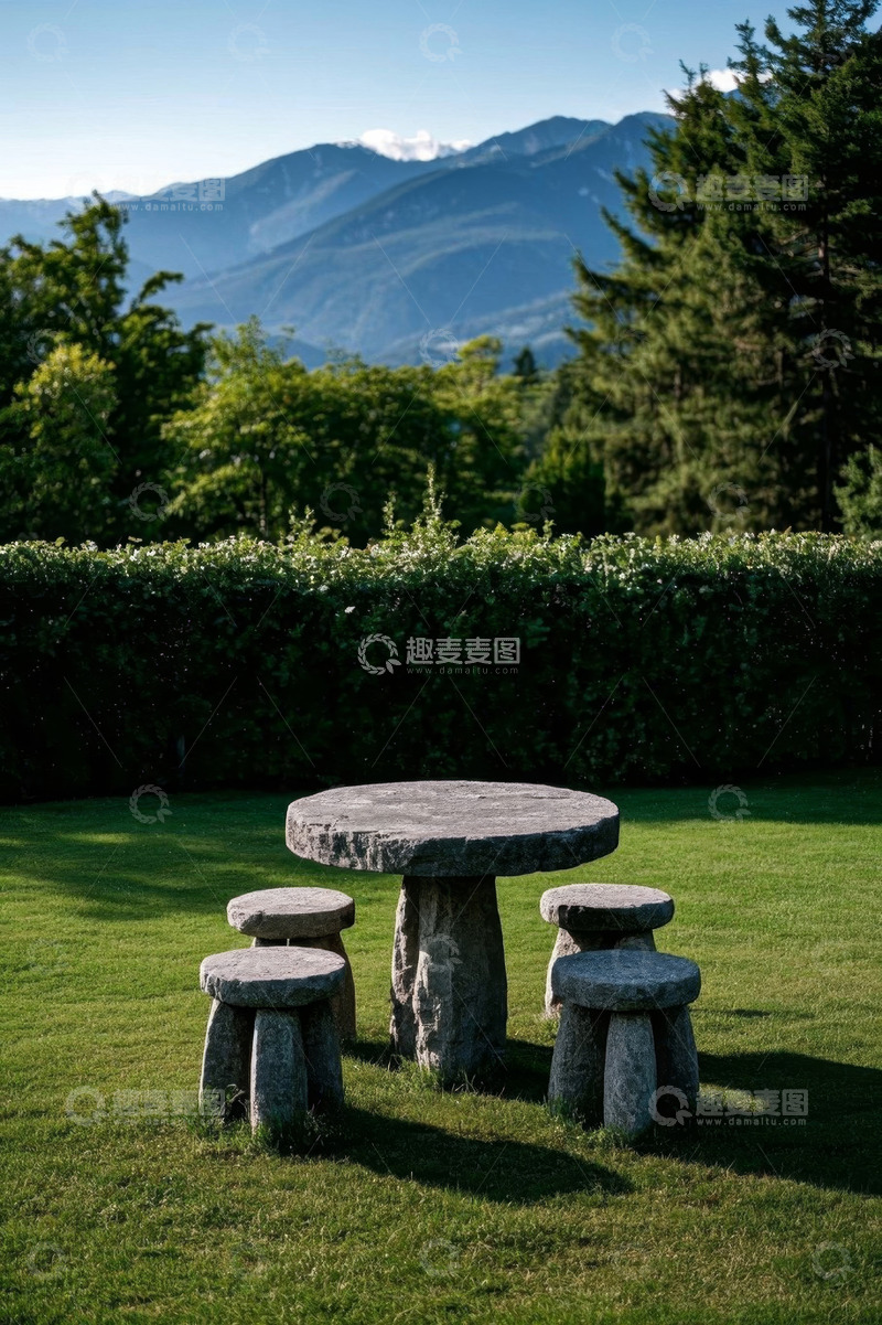 高清大图下载【趣麦麦图】户外草坪上的石桌石凳景观