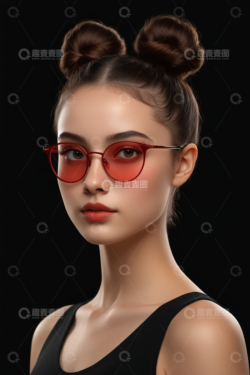 高清大图下载【趣麦麦图】戴红框眼镜的时尚女孩肖像