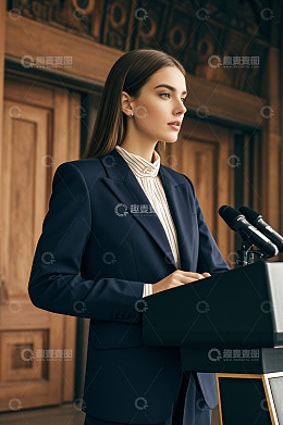 身着西装的女性于讲台发言