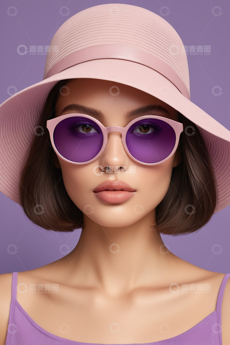 高清大图下载【趣麦麦图】戴粉帽墨镜的时尚女性