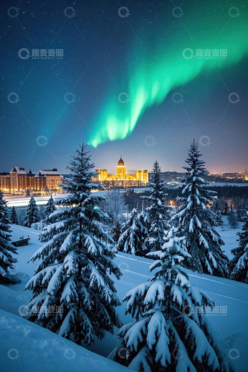 高清大图下载【趣麦麦图】雪夜城市上空的绿色极光景观
