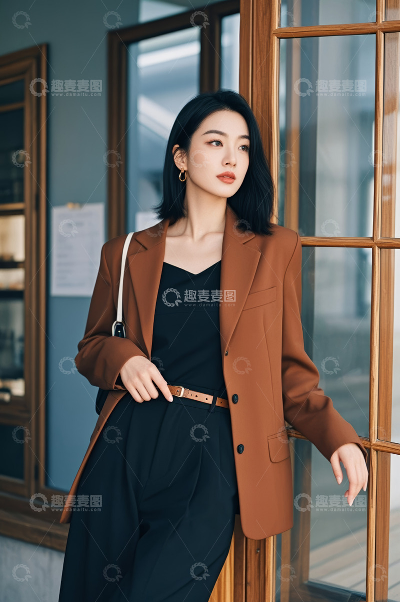 高清大图下载【趣麦麦图】身着西装的青年女性倚靠窗边