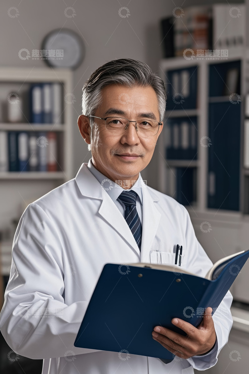 高清大图下载【趣麦麦图】中年医生手持病历夹微笑