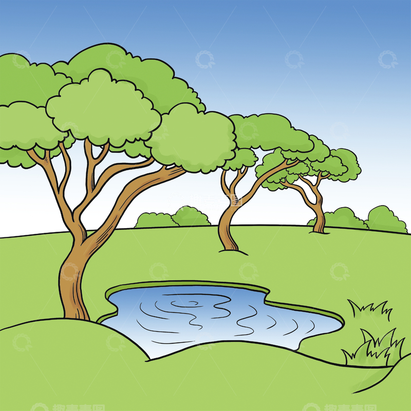 源文件下载【趣麦麦图】卡通风格的草地树木池塘景插画