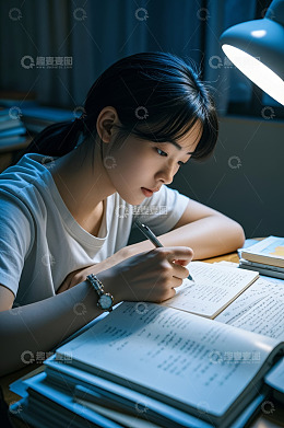女孩夜晚灯下专注书写学习
