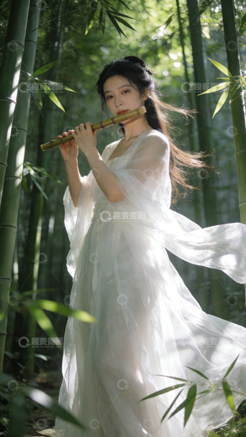 高清大图下载【趣麦麦图】竹林仙境白衣女子吹笛