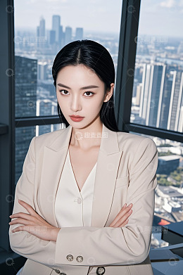 身着西装的女性倚窗而立
