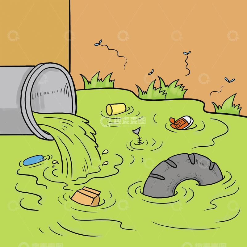 源文件下载【趣麦麦图】污水管排出的垃圾污染场景插画