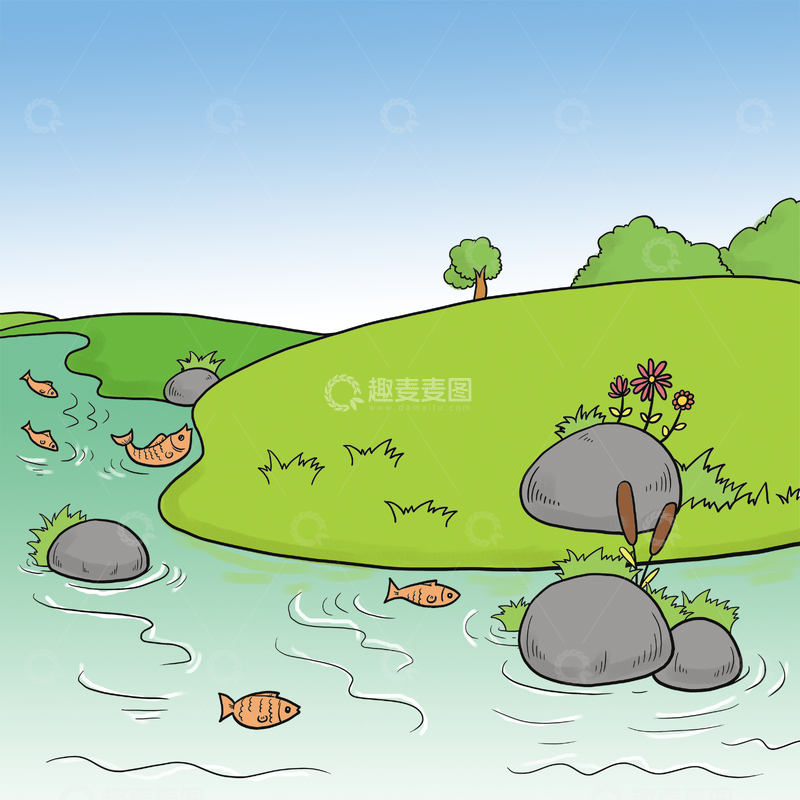 源文件下载【趣麦麦图】溪边游鱼与绿意风景插画