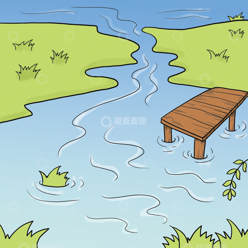 源文件下载【趣麦麦图】小河上的简易木桥风景插画卡通