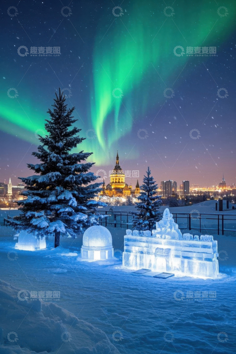 高清大图下载【趣麦麦图】城市夜景中的极光与冰雪景观